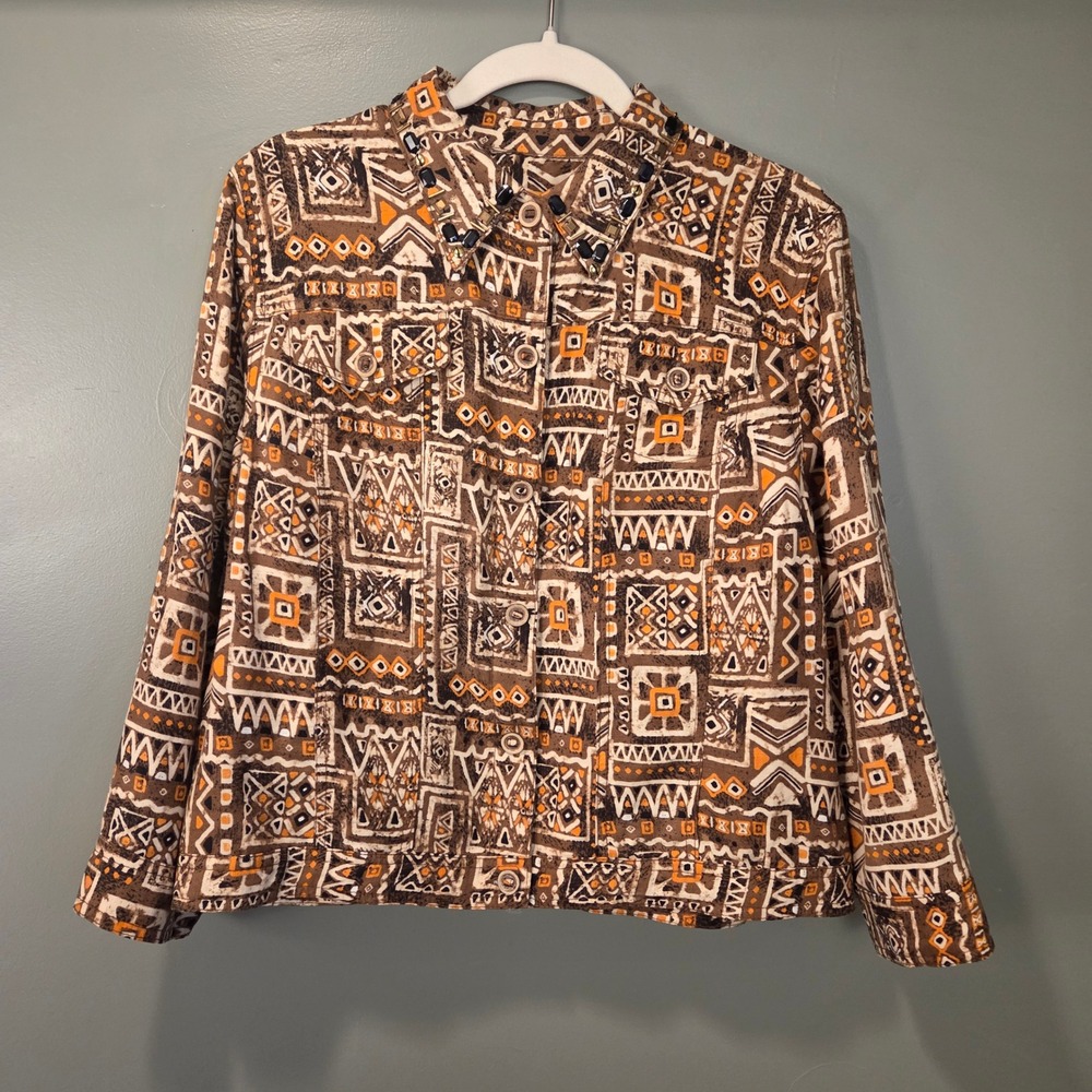 Ruby Rd. Women's Linen Blend Lightweight Button‎ Up Jacket Size 14 Tribal Print